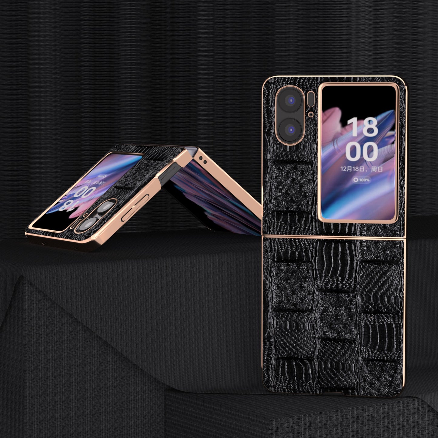 For Oppo Find N2 Flip 5G Genuine Cow Leather+PC Phone Case Nano Electroplating Mahjong Texture Back Cover