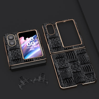 For Oppo Find N2 Flip 5G Genuine Cow Leather+PC Phone Case Nano Electroplating Mahjong Texture Back Cover