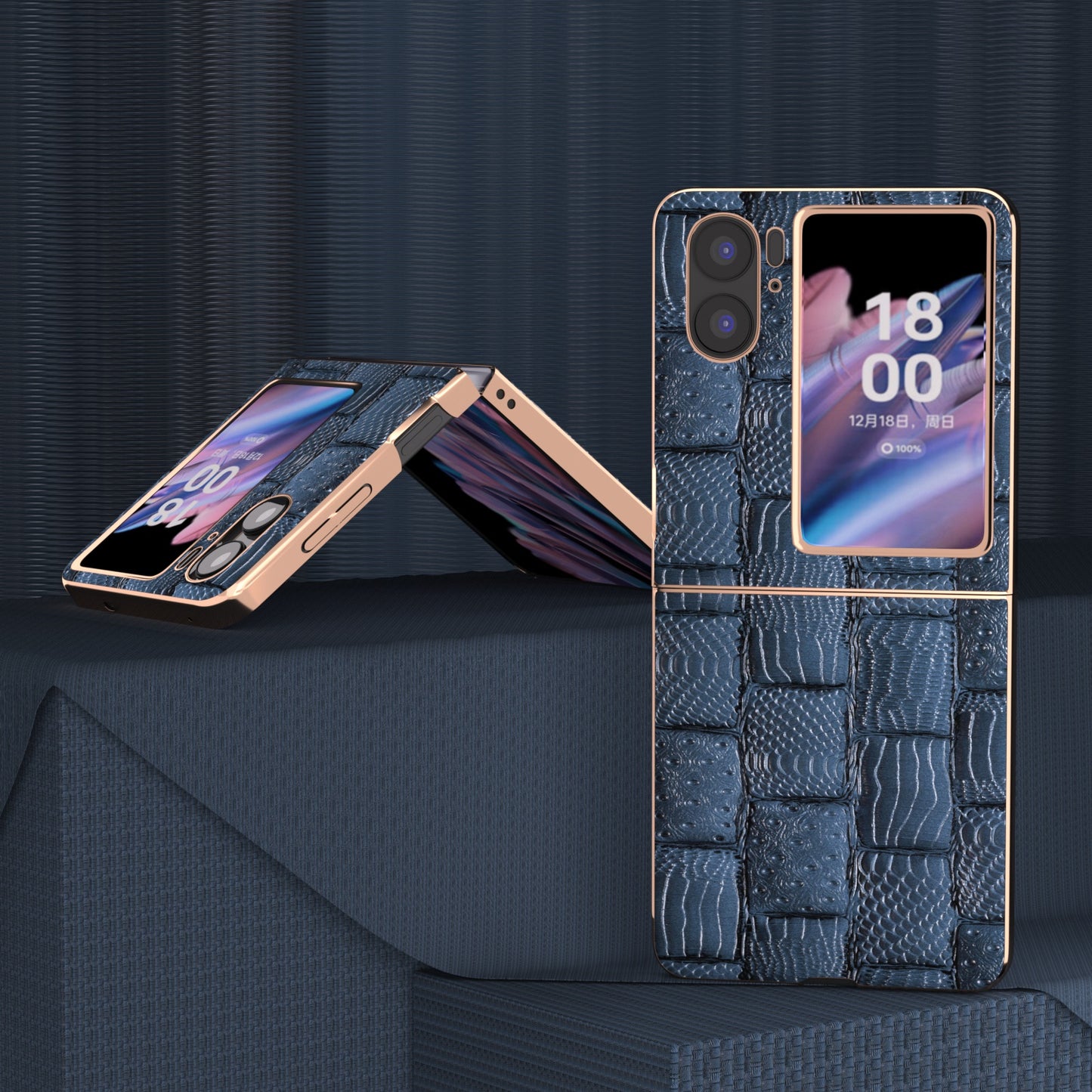 For Oppo Find N2 Flip 5G Genuine Cow Leather+PC Phone Case Nano Electroplating Mahjong Texture Back Cover