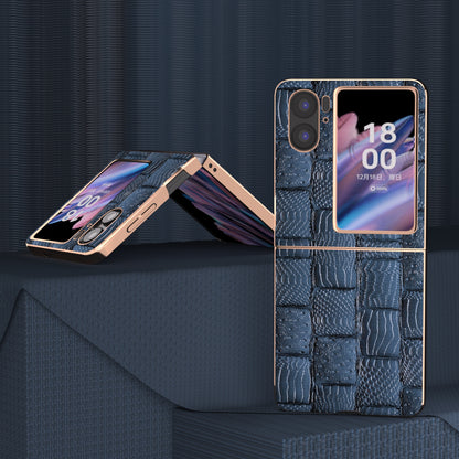For Oppo Find N2 Flip 5G Genuine Cow Leather+PC Phone Case Nano Electroplating Mahjong Texture Back Cover
