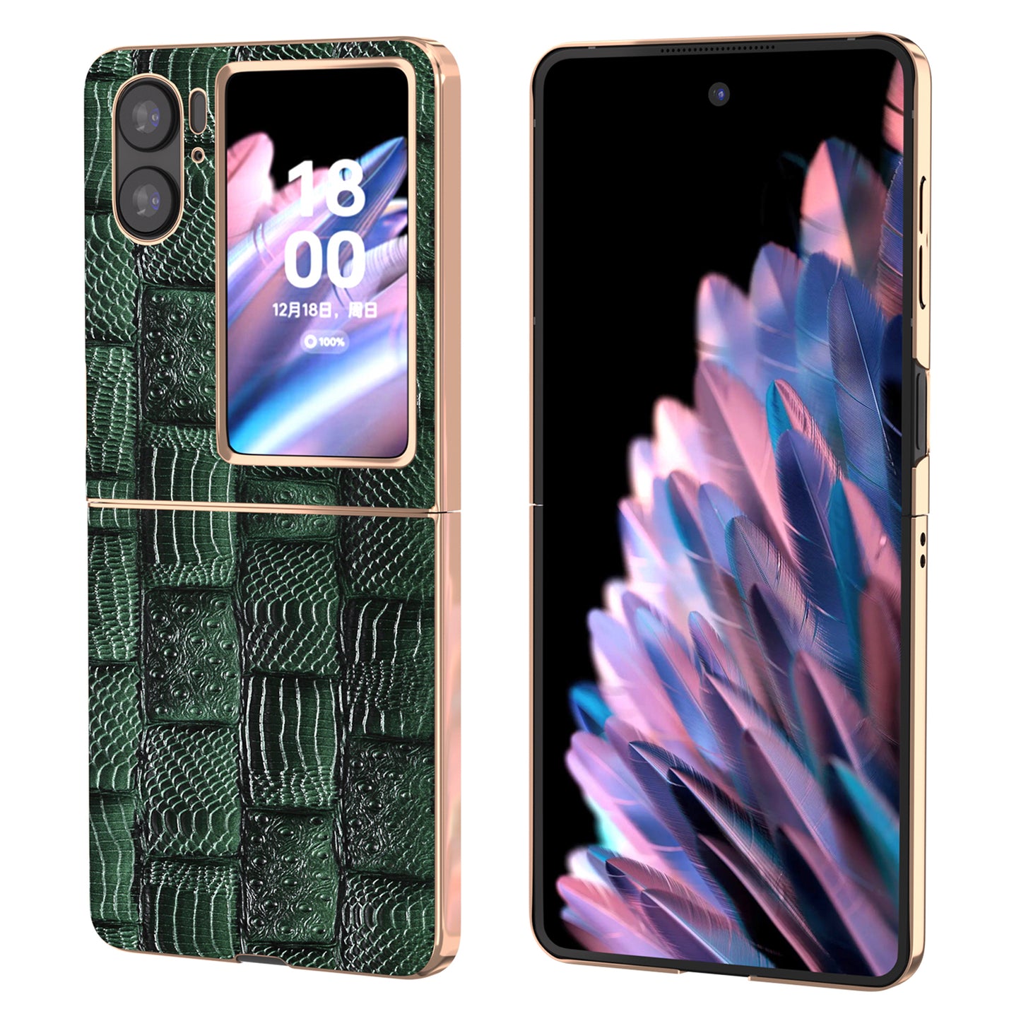 For Oppo Find N2 Flip 5G Genuine Cow Leather+PC Phone Case Nano Electroplating Mahjong Texture Back Cover