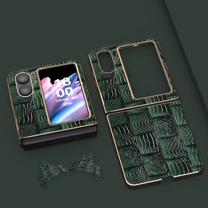 For Oppo Find N2 Flip 5G Genuine Cow Leather+PC Phone Case Nano Electroplating Mahjong Texture Back Cover