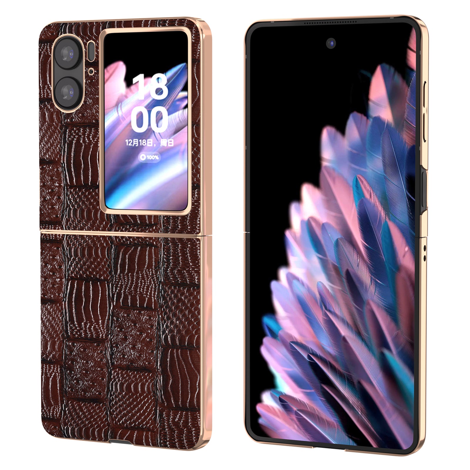 For Oppo Find N2 Flip 5G Genuine Cow Leather+PC Phone Case Nano Electroplating Mahjong Texture Back Cover