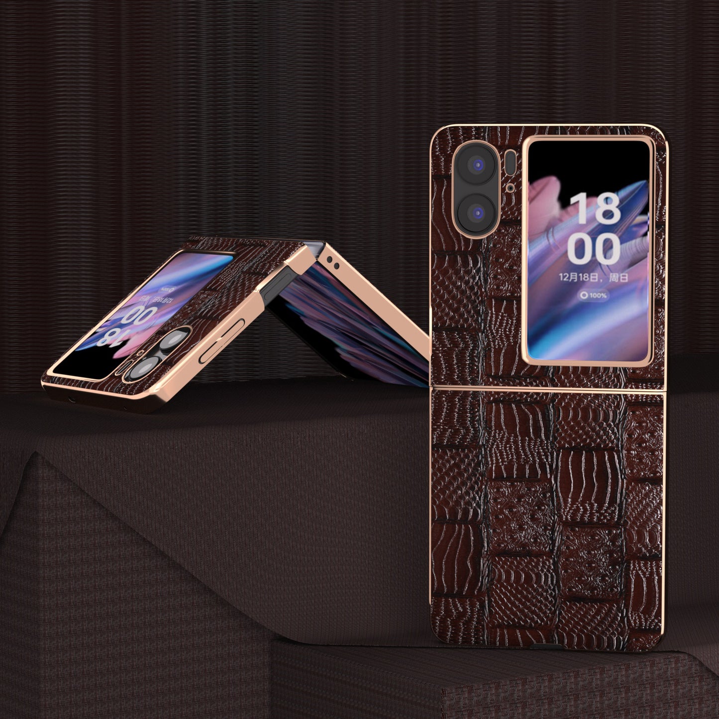 For Oppo Find N2 Flip 5G Genuine Cow Leather+PC Phone Case Nano Electroplating Mahjong Texture Back Cover