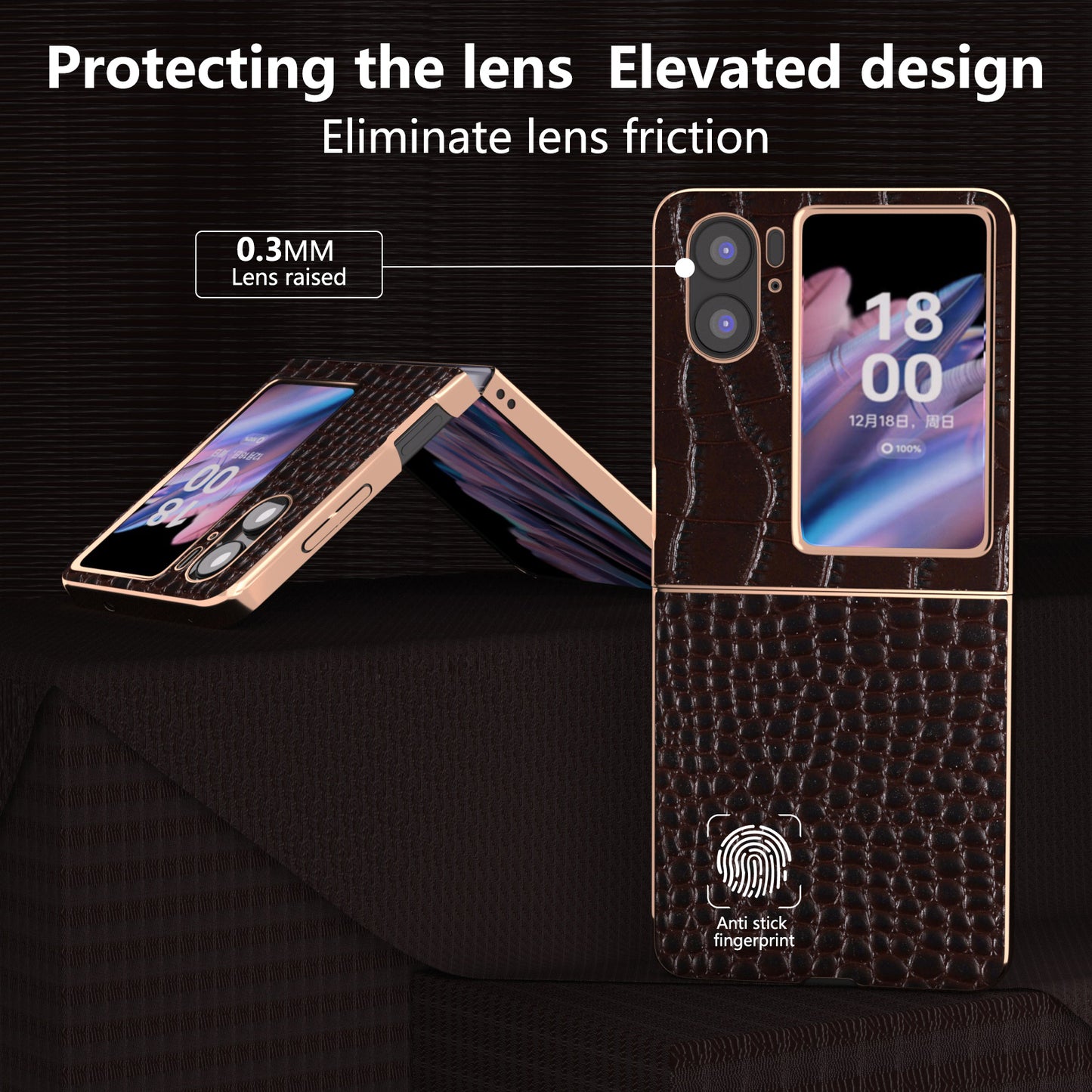 For Oppo Find N2 Flip 5G Genuine Cow Leather+PC Shockproof Cover Crocodile Texture Nano Electroplating Phone Case