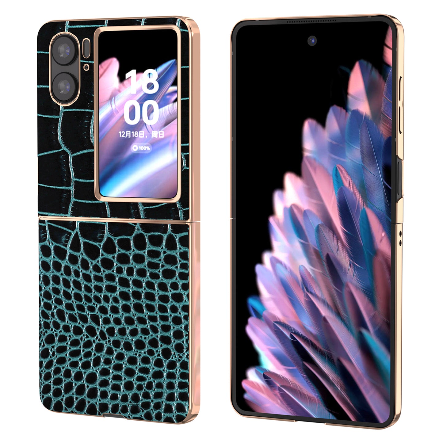 For Oppo Find N2 Flip 5G Genuine Cow Leather+PC Shockproof Cover Crocodile Texture Nano Electroplating Phone Case