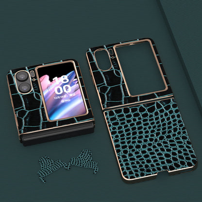 For Oppo Find N2 Flip 5G Genuine Cow Leather+PC Shockproof Cover Crocodile Texture Nano Electroplating Phone Case