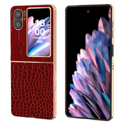 For Oppo Find N2 Flip 5G Genuine Cow Leather+PC Shockproof Cover Crocodile Texture Nano Electroplating Phone Case