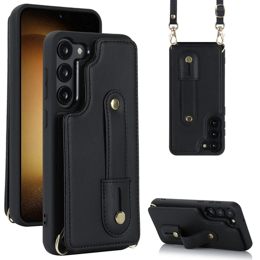 For Samsung Galaxy S22+ 5G Wristband Kickstand Phone Cover Card Slots Leather+TPU Case