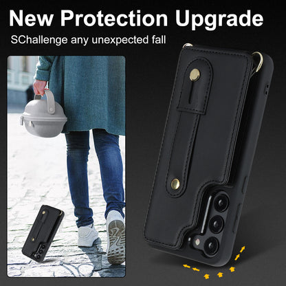 For Samsung Galaxy S22+ 5G Wristband Kickstand Phone Cover Card Slots Leather+TPU Case