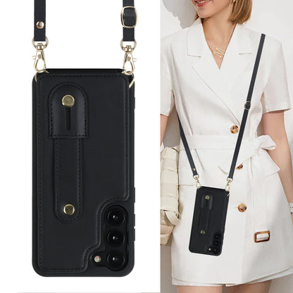 For Samsung Galaxy S22+ 5G Wristband Kickstand Phone Cover Card Slots Leather+TPU Case