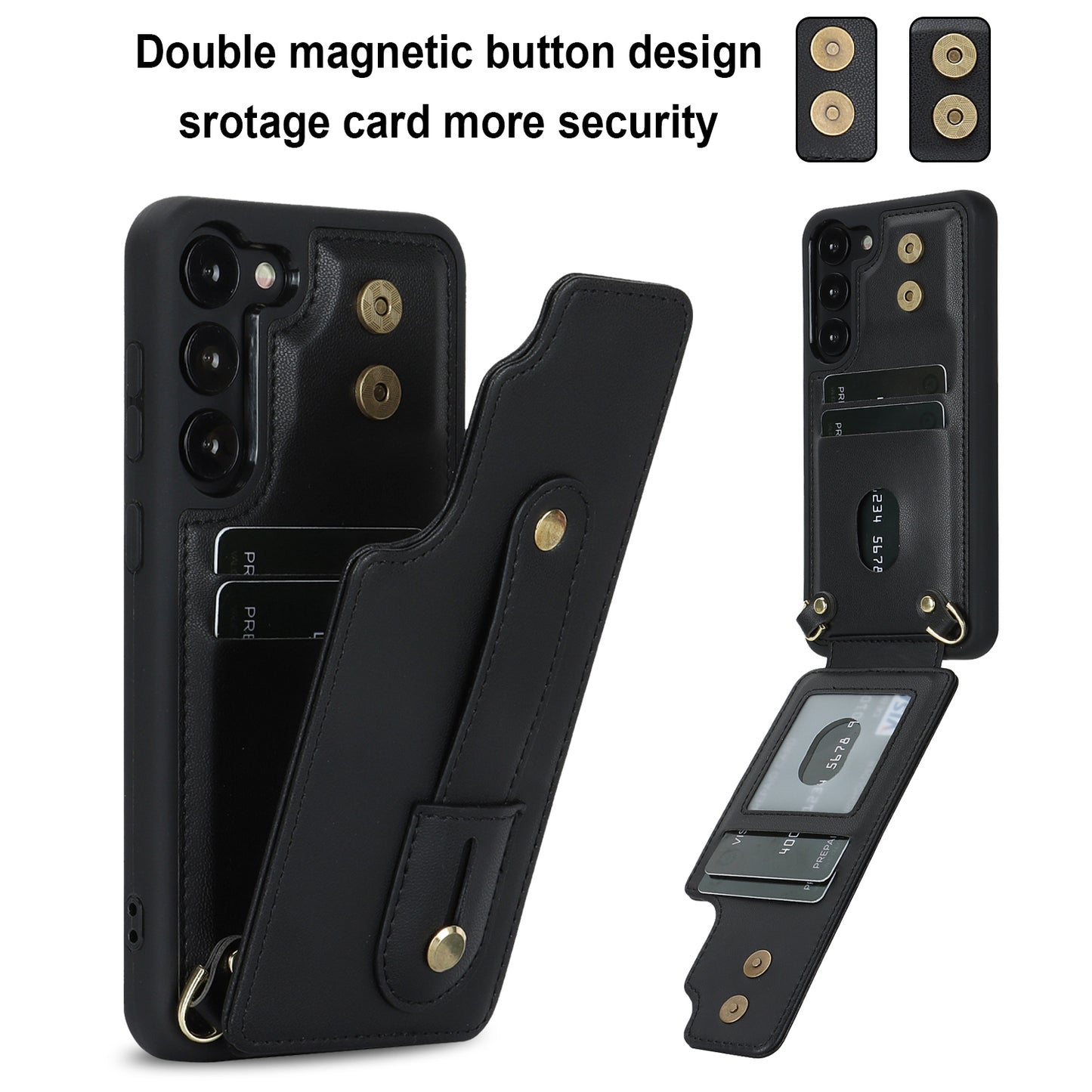 For Samsung Galaxy S22+ 5G Wristband Kickstand Phone Cover Card Slots Leather+TPU Case