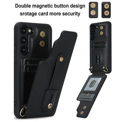 For Samsung Galaxy S22+ 5G Wristband Kickstand Phone Cover Card Slots Leather+TPU Case