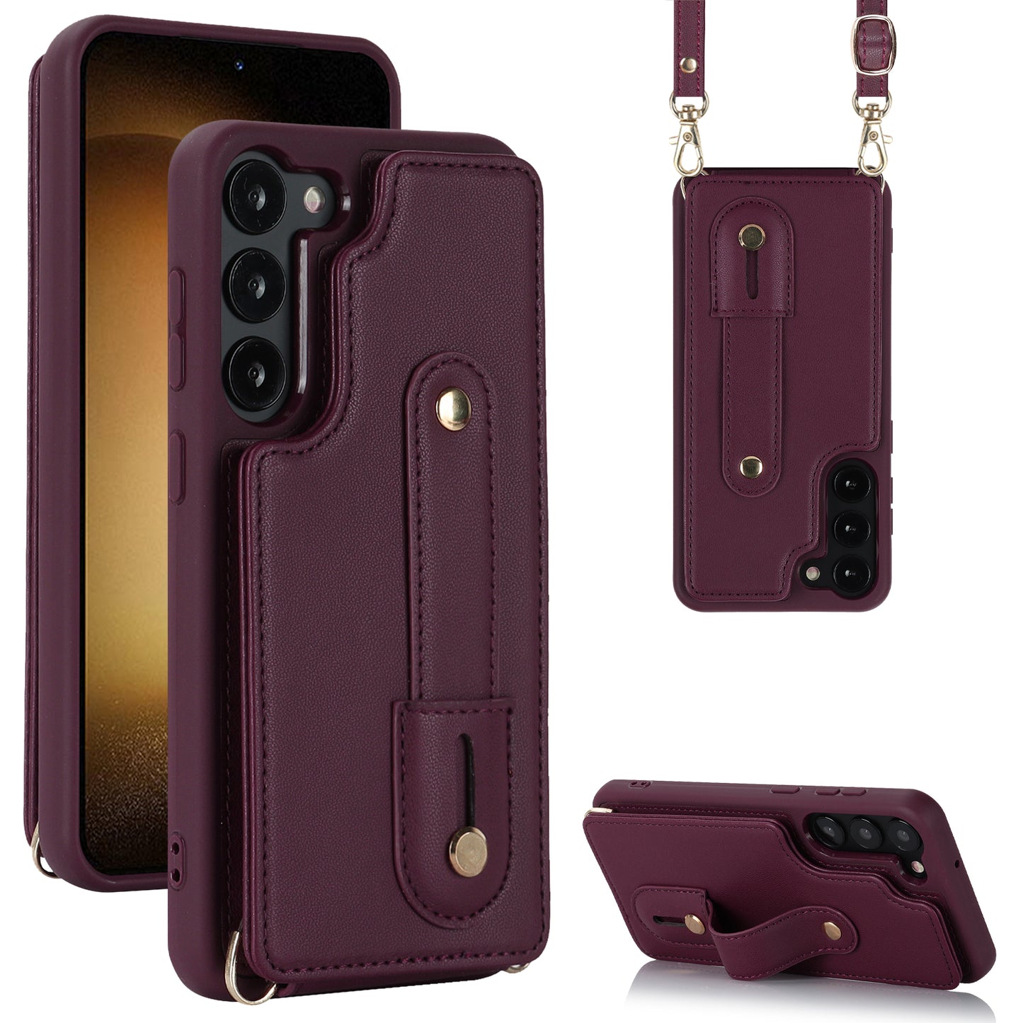 For Samsung Galaxy S22+ 5G Wristband Kickstand Phone Cover Card Slots Leather+TPU Case