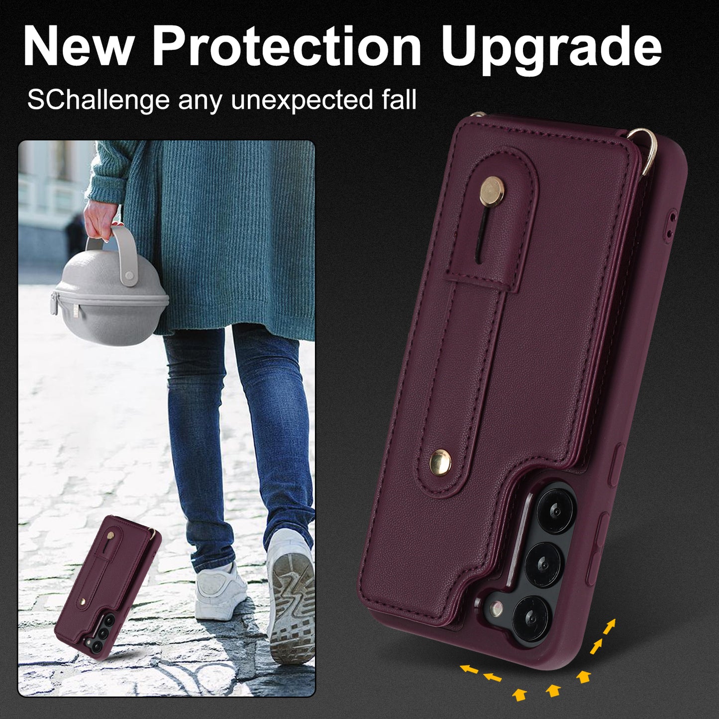 For Samsung Galaxy S22+ 5G Wristband Kickstand Phone Cover Card Slots Leather+TPU Case