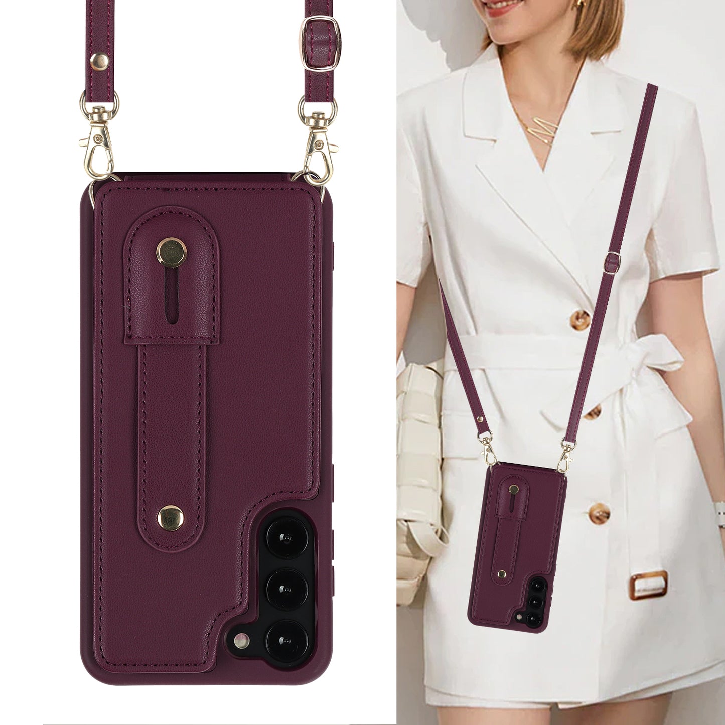 For Samsung Galaxy S22+ 5G Wristband Kickstand Phone Cover Card Slots Leather+TPU Case