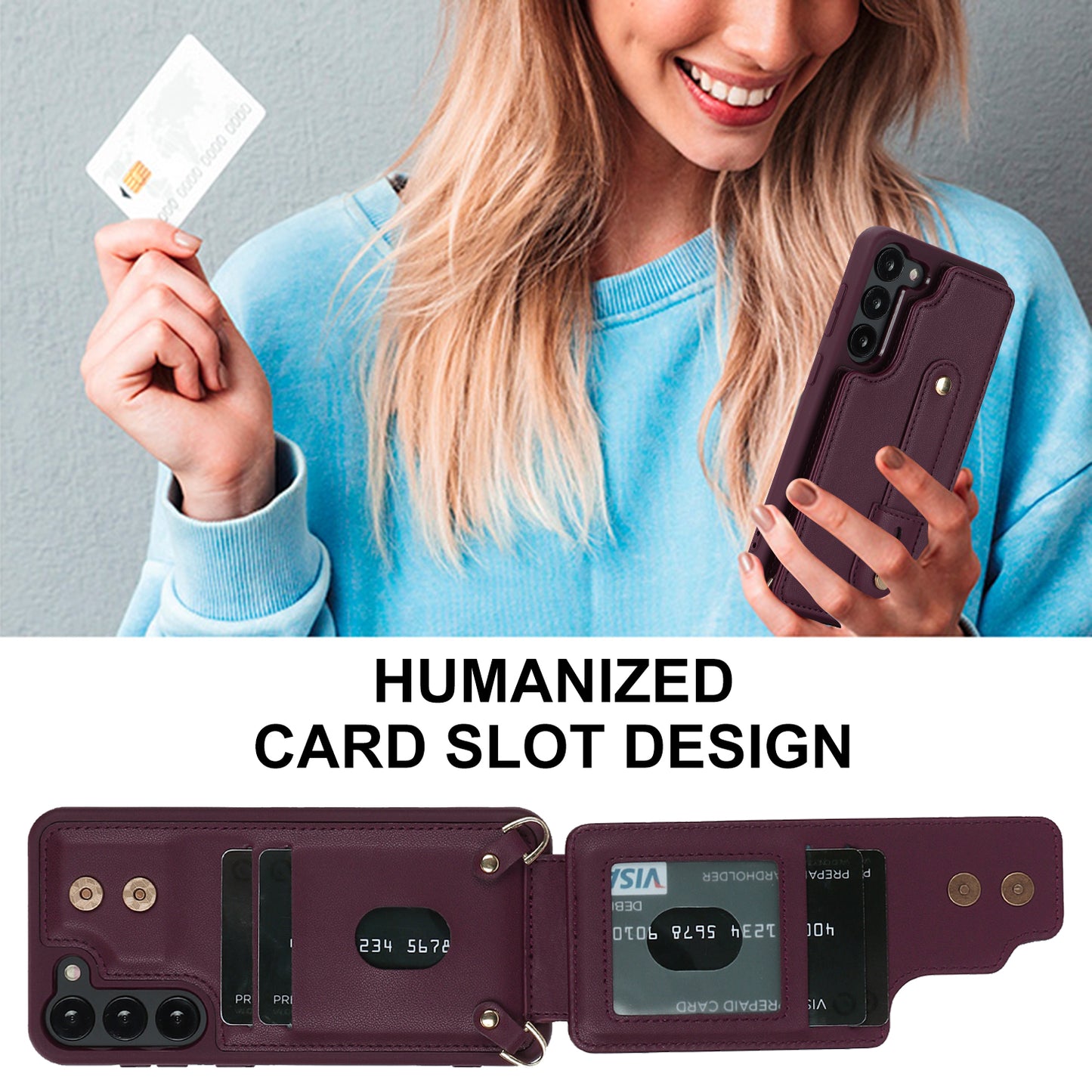 For Samsung Galaxy S22+ 5G Wristband Kickstand Phone Cover Card Slots Leather+TPU Case