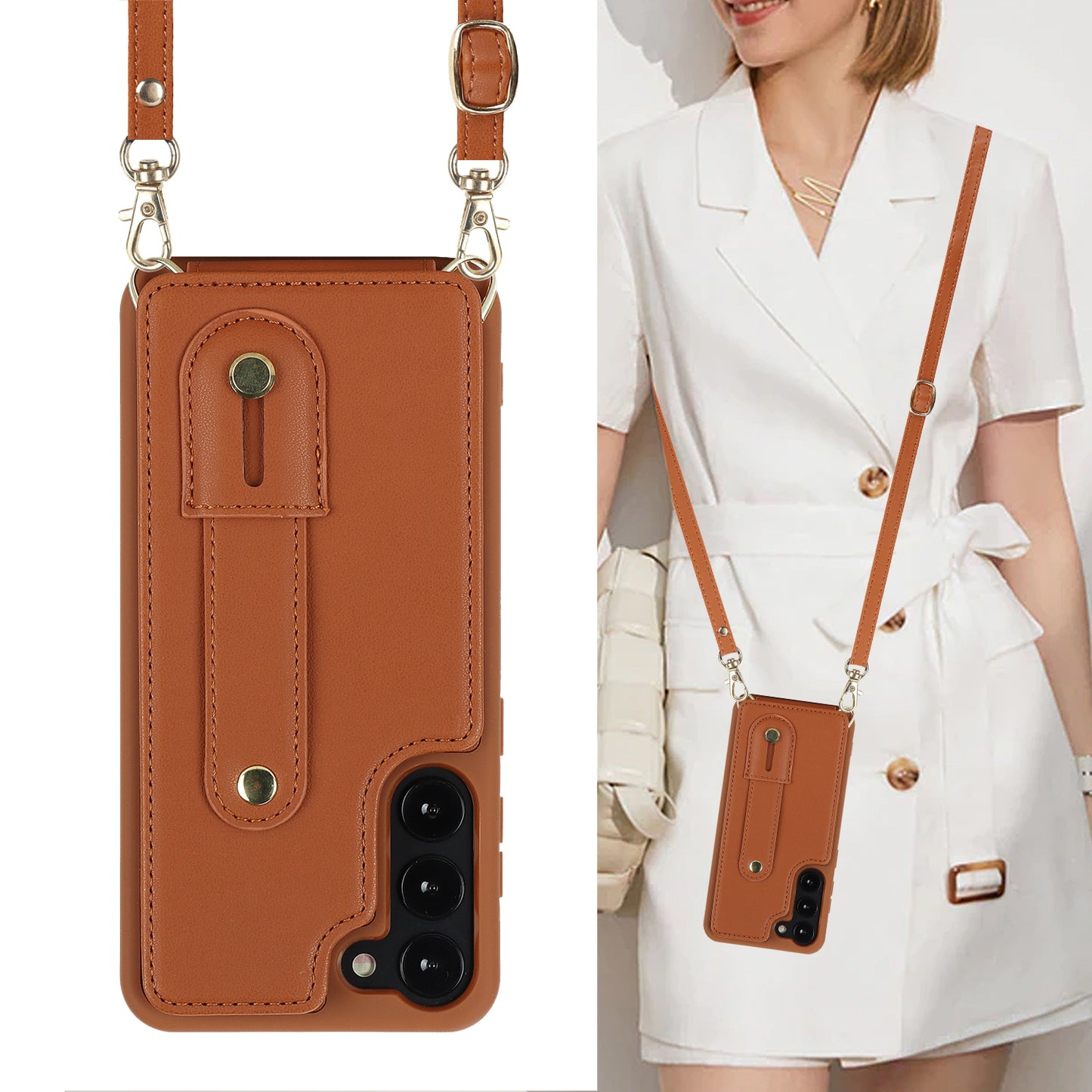 For Samsung Galaxy S22+ 5G Wristband Kickstand Phone Cover Card Slots Leather+TPU Case