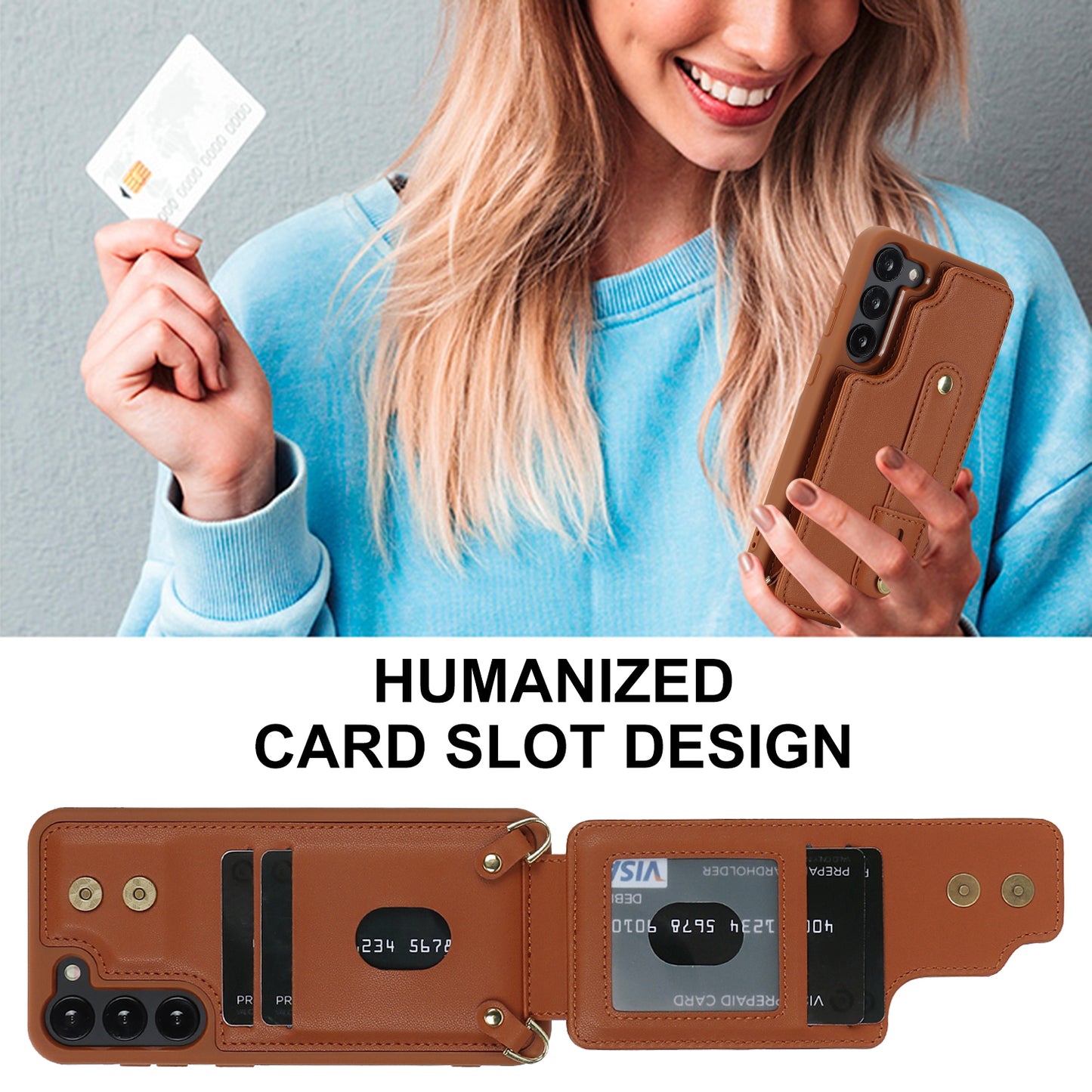 For Samsung Galaxy S22+ 5G Wristband Kickstand Phone Cover Card Slots Leather+TPU Case