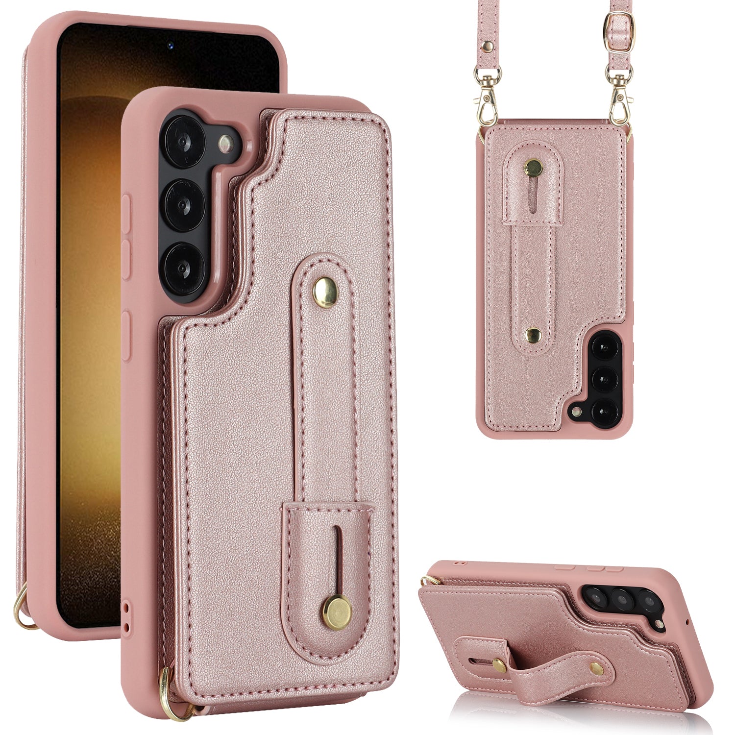 For Samsung Galaxy S22+ 5G Wristband Kickstand Phone Cover Card Slots Leather+TPU Case