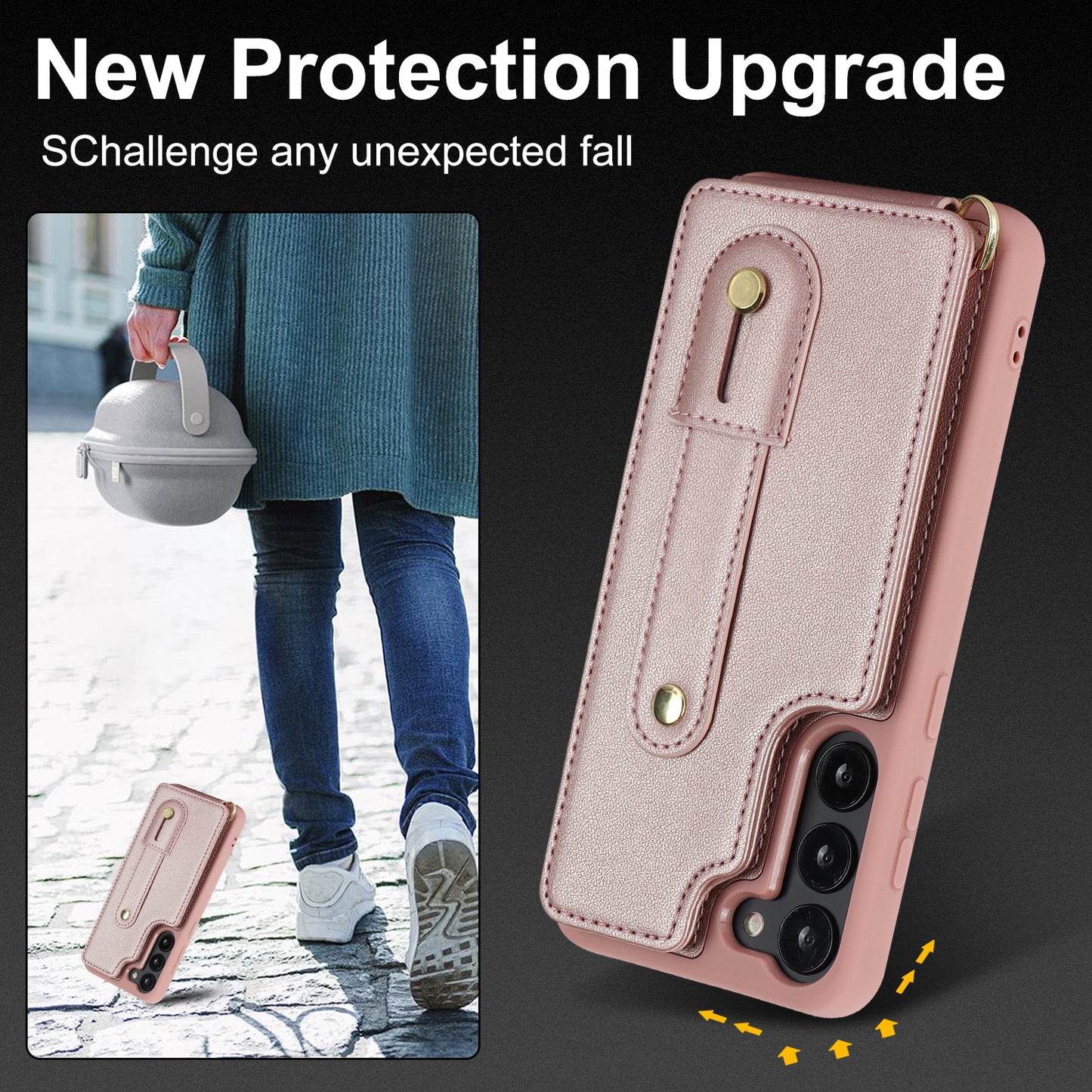 For Samsung Galaxy S22+ 5G Wristband Kickstand Phone Cover Card Slots Leather+TPU Case