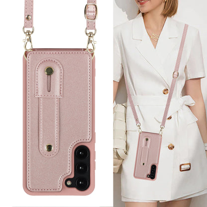 For Samsung Galaxy S22+ 5G Wristband Kickstand Phone Cover Card Slots Leather+TPU Case