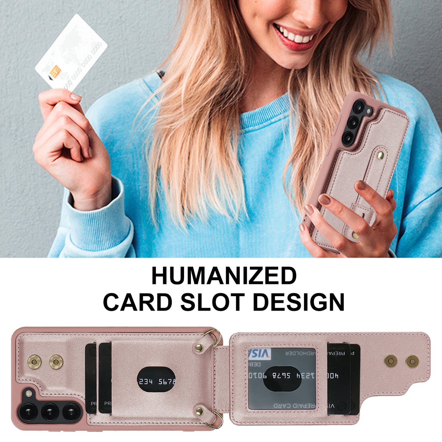 For Samsung Galaxy S22+ 5G Wristband Kickstand Phone Cover Card Slots Leather+TPU Case