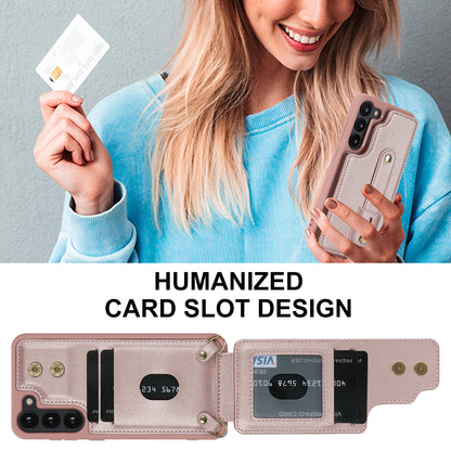 For Samsung Galaxy S22+ 5G Wristband Kickstand Phone Cover Card Slots Leather+TPU Case