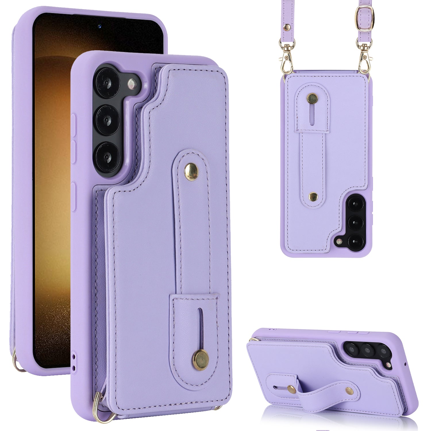 For Samsung Galaxy S22+ 5G Wristband Kickstand Phone Cover Card Slots Leather+TPU Case