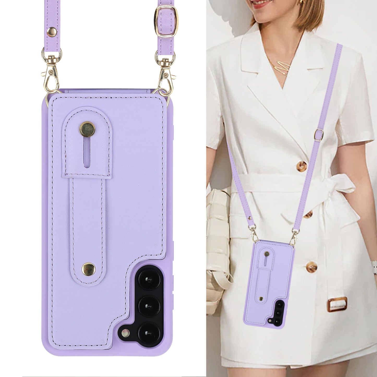 For Samsung Galaxy S22+ 5G Wristband Kickstand Phone Cover Card Slots Leather+TPU Case