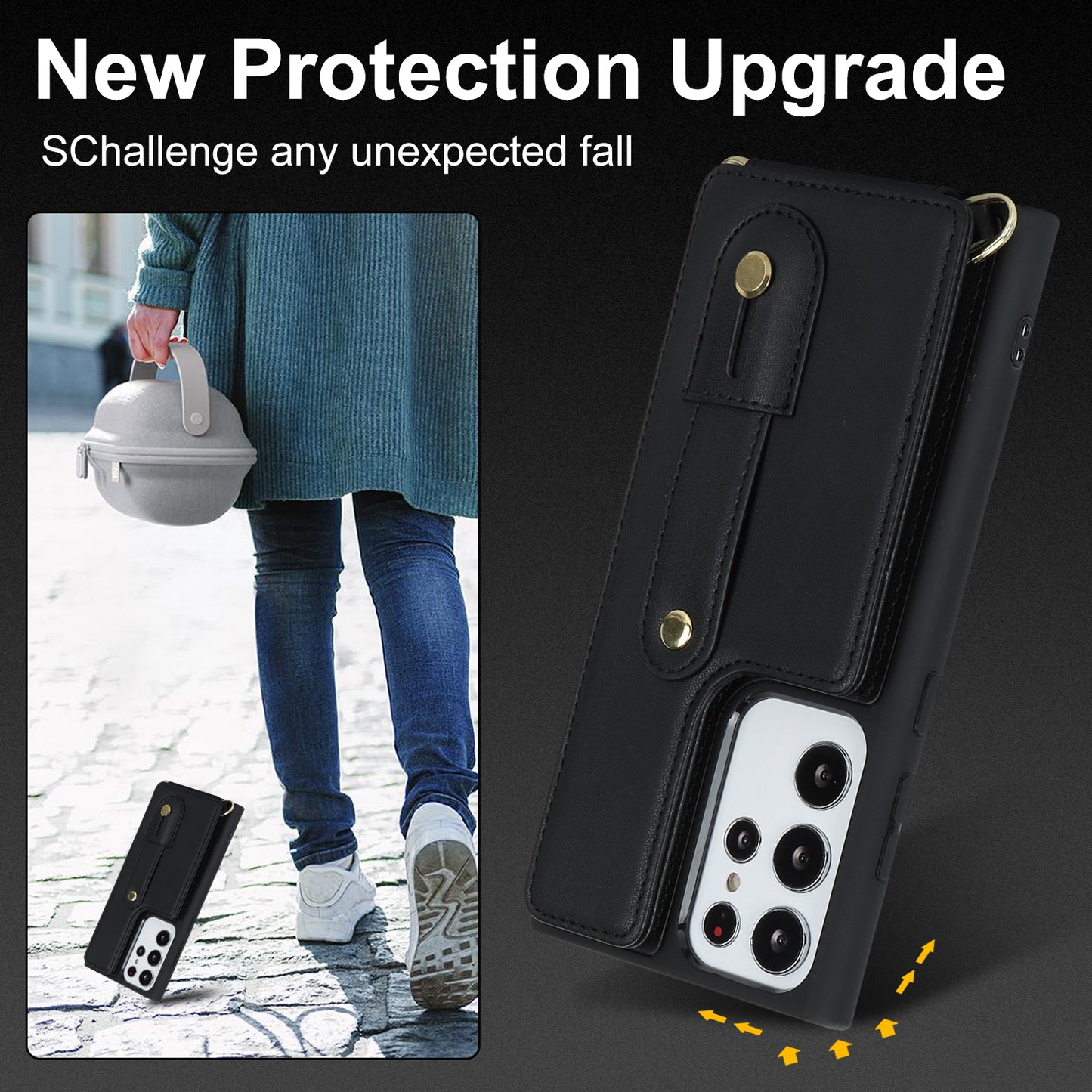 For Samsung Galaxy S23 Ultra Wristband Kickstand Phone Case PU Leather+TPU Card Slots Cover