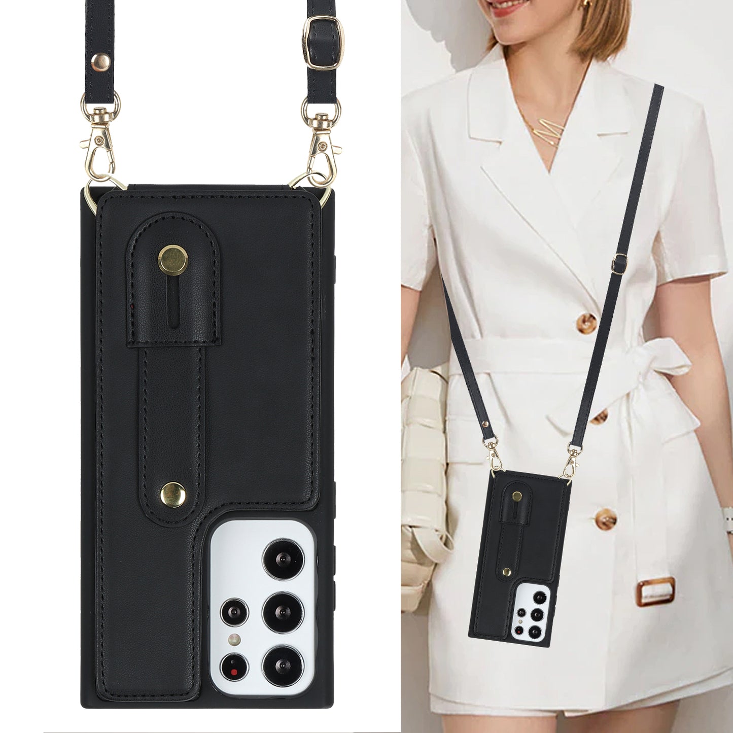 For Samsung Galaxy S23 Ultra Wristband Kickstand Phone Case PU Leather+TPU Card Slots Cover