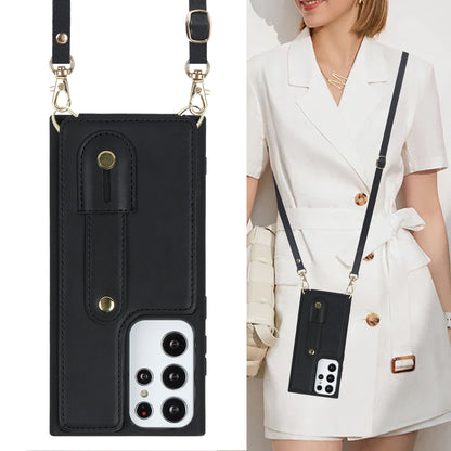 For Samsung Galaxy S23 Ultra Wristband Kickstand Phone Case PU Leather+TPU Card Slots Cover