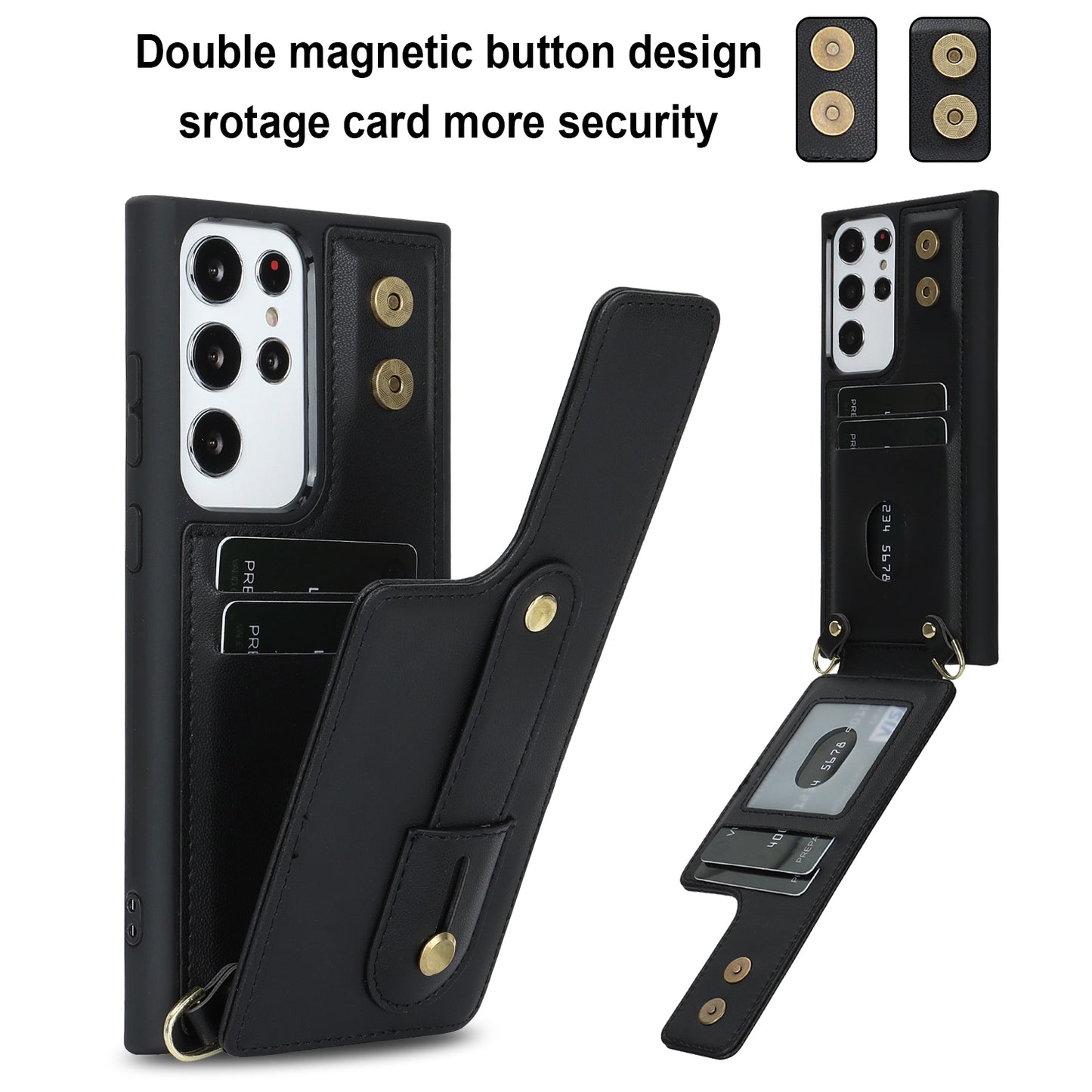 For Samsung Galaxy S23 Ultra Wristband Kickstand Phone Case PU Leather+TPU Card Slots Cover