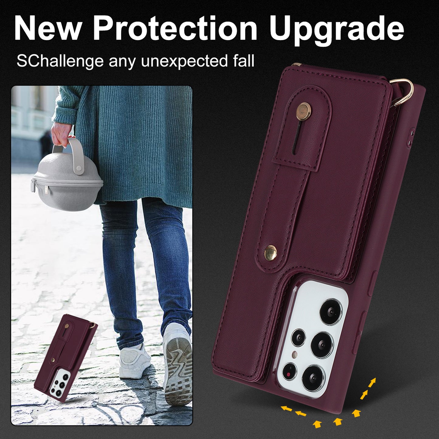 For Samsung Galaxy S23 Ultra Wristband Kickstand Phone Case PU Leather+TPU Card Slots Cover