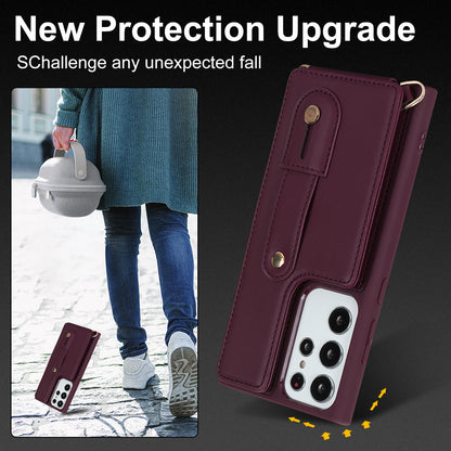For Samsung Galaxy S23 Ultra Wristband Kickstand Phone Case PU Leather+TPU Card Slots Cover