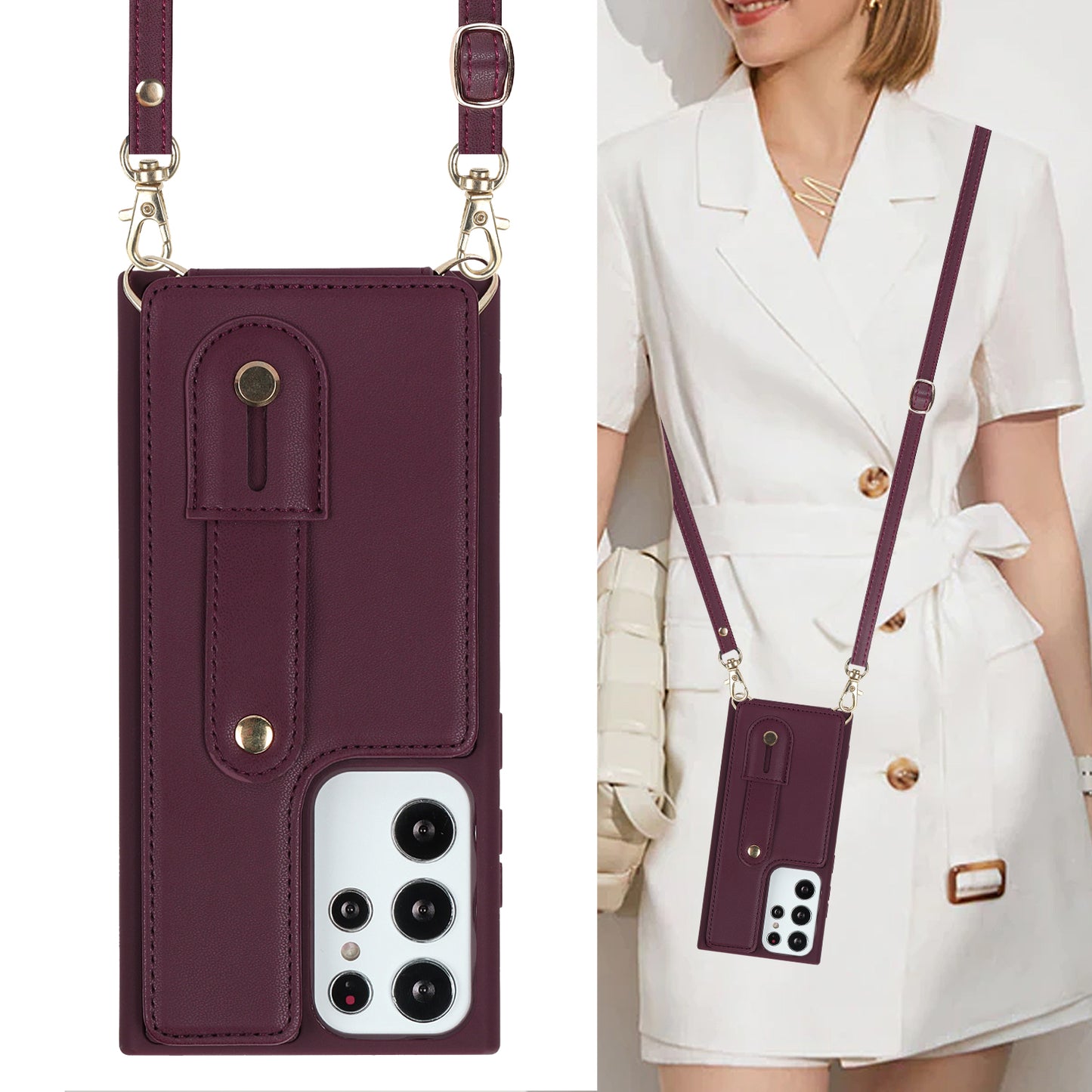 For Samsung Galaxy S23 Ultra Wristband Kickstand Phone Case PU Leather+TPU Card Slots Cover