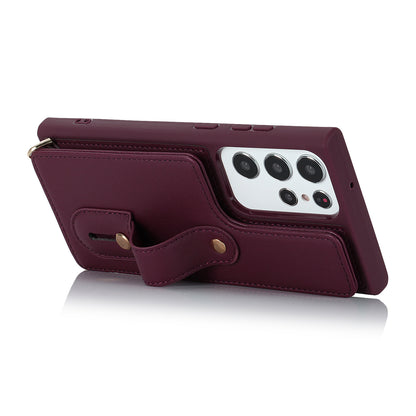 For Samsung Galaxy S23 Ultra Wristband Kickstand Phone Case PU Leather+TPU Card Slots Cover