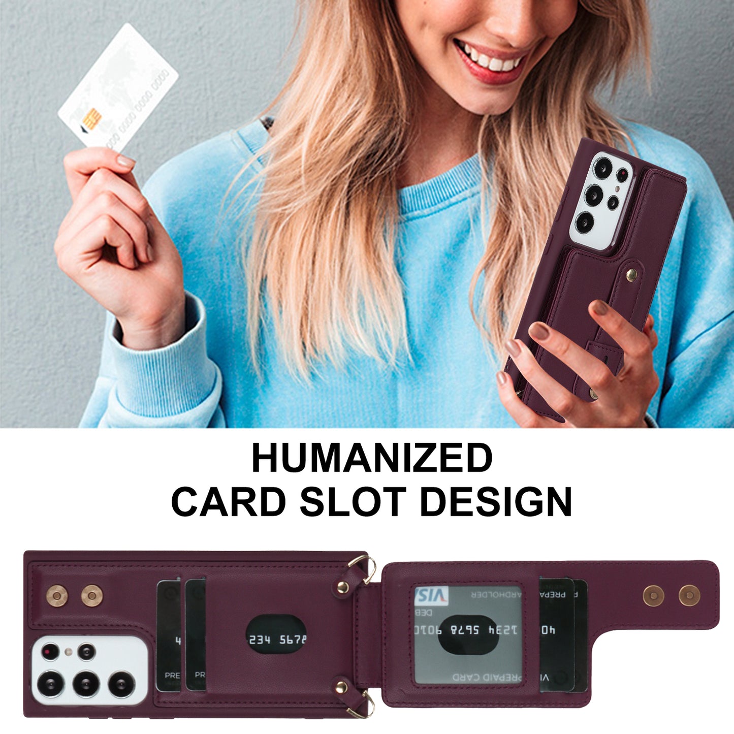 For Samsung Galaxy S23 Ultra Wristband Kickstand Phone Case PU Leather+TPU Card Slots Cover