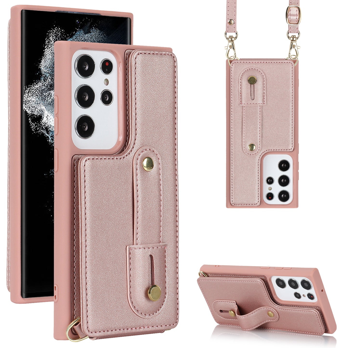 For Samsung Galaxy S23 Ultra Wristband Kickstand Phone Case PU Leather+TPU Card Slots Cover