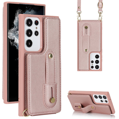 For Samsung Galaxy S23 Ultra Wristband Kickstand Phone Case PU Leather+TPU Card Slots Cover