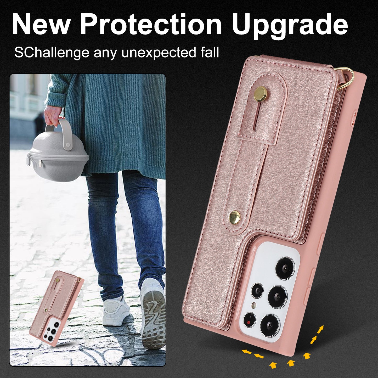 For Samsung Galaxy S23 Ultra Wristband Kickstand Phone Case PU Leather+TPU Card Slots Cover