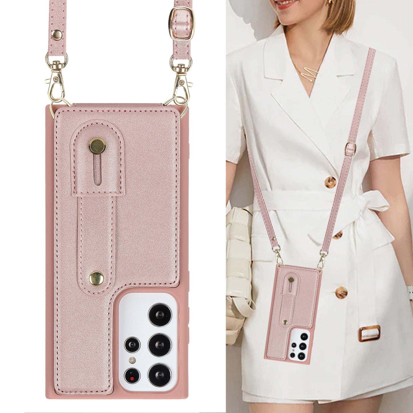 For Samsung Galaxy S23 Ultra Wristband Kickstand Phone Case PU Leather+TPU Card Slots Cover