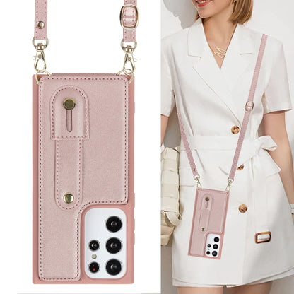 For Samsung Galaxy S23 Ultra Wristband Kickstand Phone Case PU Leather+TPU Card Slots Cover