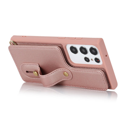 For Samsung Galaxy S23 Ultra Wristband Kickstand Phone Case PU Leather+TPU Card Slots Cover