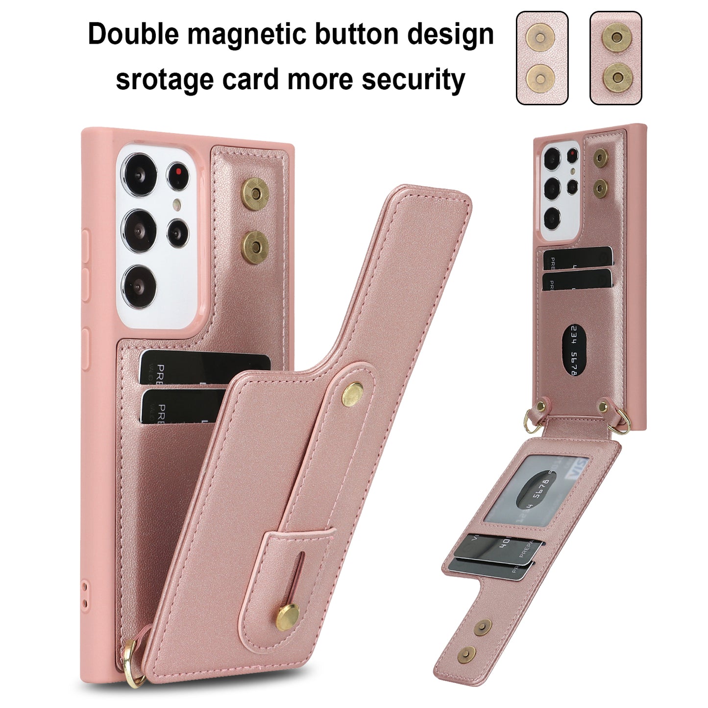 For Samsung Galaxy S23 Ultra Wristband Kickstand Phone Case PU Leather+TPU Card Slots Cover