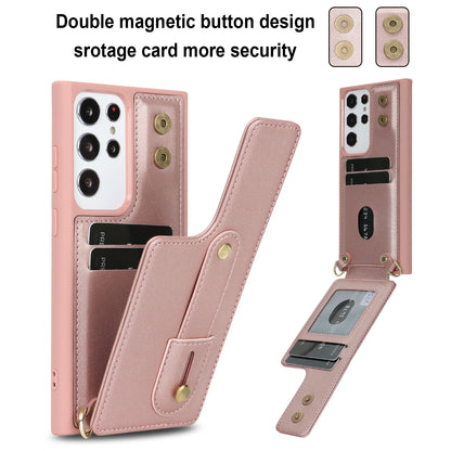 For Samsung Galaxy S23 Ultra Wristband Kickstand Phone Case PU Leather+TPU Card Slots Cover