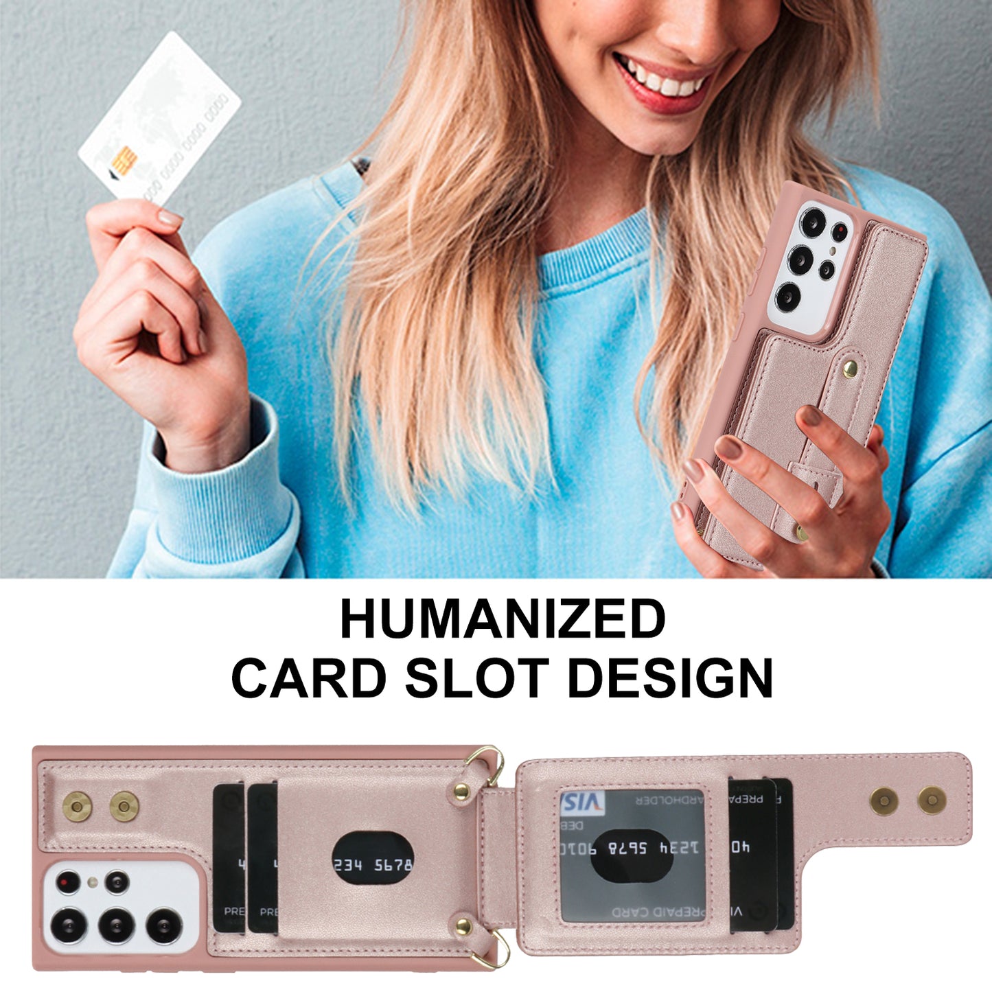 For Samsung Galaxy S23 Ultra Wristband Kickstand Phone Case PU Leather+TPU Card Slots Cover