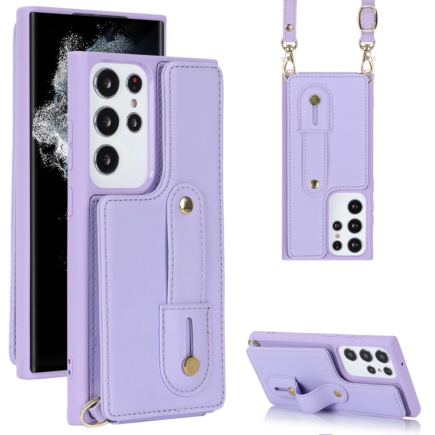 For Samsung Galaxy S23 Ultra Wristband Kickstand Phone Case PU Leather+TPU Card Slots Cover