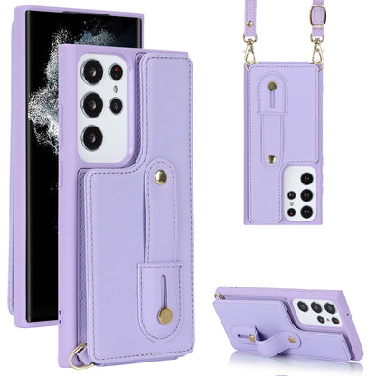 For Samsung Galaxy S23 Ultra Wristband Kickstand Phone Case PU Leather+TPU Card Slots Cover